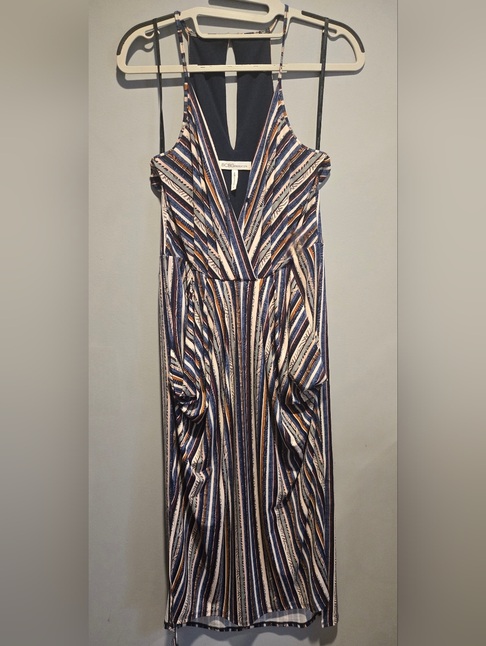 BCBGeneration Striped V-Neck Maxi Dress in Navy, Cream & Tan
